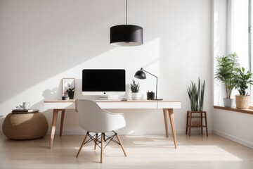Scandinavian interior home office design of modern workplace with wooden table and office chairs with white wall next to the window