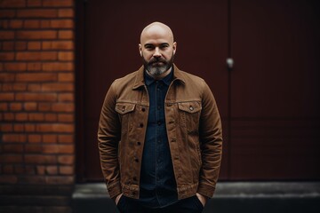 Portrait of a bearded man in a brown jacket on the street