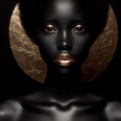 Beautiful black woman with golden make-up and black skin.