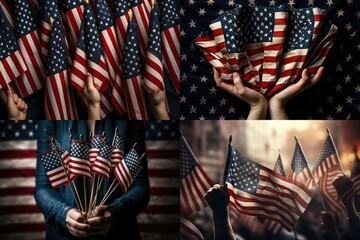 Composite image of people holding USA flags in their hands. Independence Day Concept. Patriotic concept. USA day. - Powered by Adobe