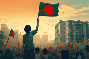 Rear view of people holding flags of Bangladesh in the middle of a crowd. people with Bangladesh's flags on city street at sunset. illustration of victory day celebration. - obrazy, fototapety, plakaty