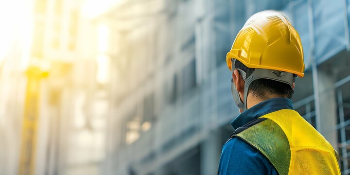 Rear view of engineer wearing safety helmet at construction site background.