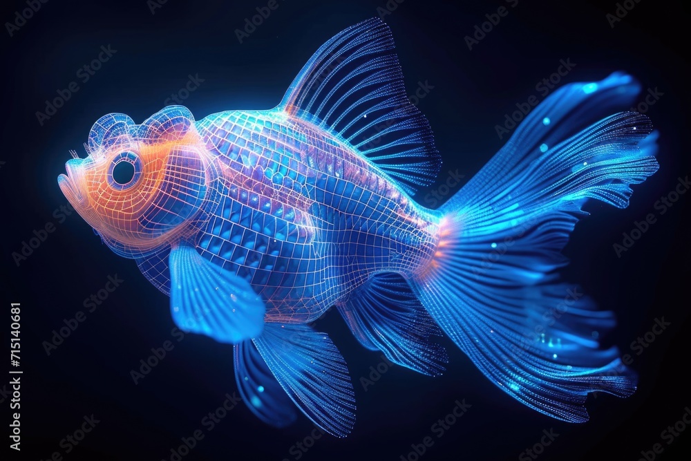 Poster a fish that is glowing in the dark. artificial glowing object, concept for a software visualization.