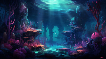 Underwater ocean background, Fantasy scenery of underwater coral reef background of deep ocean sea image