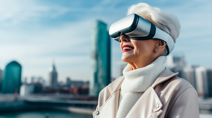 Modern stylish grandmother in virtual reality glasses against backdrop of city. Copy space. 