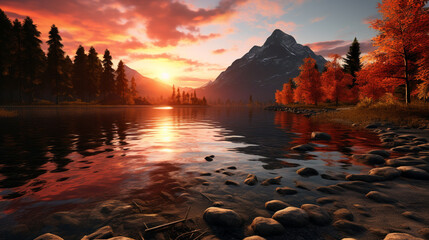 3D rendering of a breathtaking autumn sunset at Mountain Lake