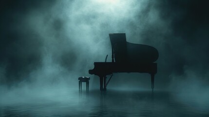 Amidst a veil of misty fog the silhouette of a grand piano can be seen its keys emerging into the...
