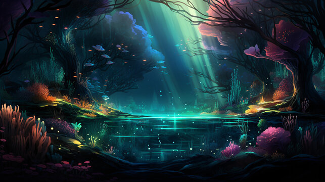 Fantasy scenery of deep underwater coral reef background of deep ocean sea image