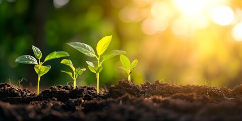 Green seedling growing from seed in the morning light, agriculture concept - obrazy, fototapety, plakaty