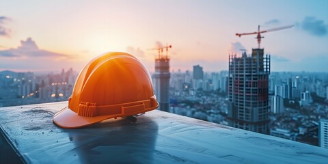 Safety helmet on the construction site with a cityscape background at sunrise. - obrazy, fototapety, plakaty