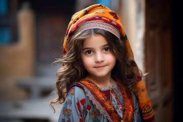 Portrait of a cute little girl in a colorful headscarf.
