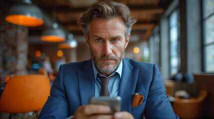 Male business executive in a blue suit looking at his cellphone - texting - deep in thought - serious expression - stylish fashion - leader - planning