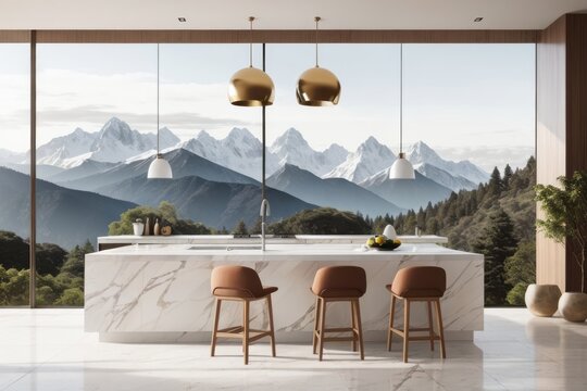 Interior home design of modern kitchen with wooden chairs and a barble stone table with wooden utensils against mountain and forest view window