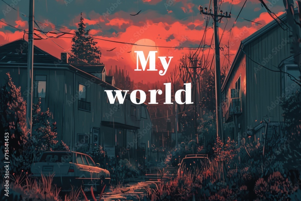 Poster a picture of a street with a sunset in the background with text my world..