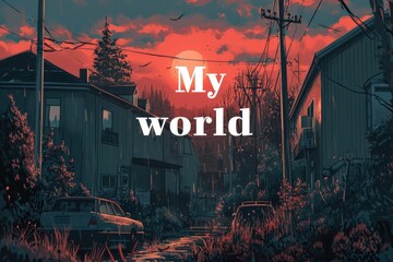 A picture of a street with a sunset in the background with text my world..