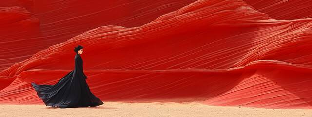 Woman Standing in Black Dress in Front of Red Wall