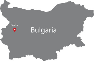 Gray Map of Bulgaria with location marker of the capital and inscription of the name of the country and the capital inside map