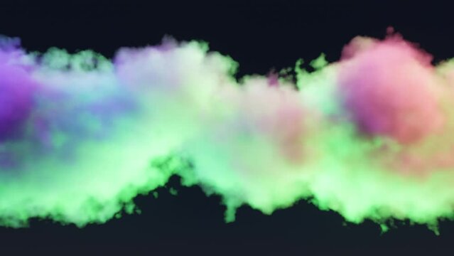 Animated stream of multicolored smoke. Bright colored mist on black background for templates, banners, posters. 4k horizontal video animation footage. 3d rendering modern design in loop stock video.
