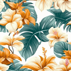 Tropical Plants Seamless Patterns With Flowers