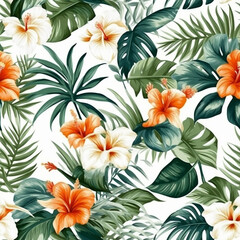 Orange flowers Tropical Plants Seamless Patterns