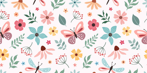 Spring-summer pattern with butterflies and flowers