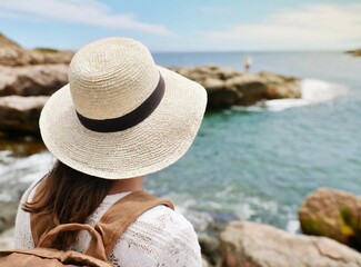 Brunette woman traveler with hat on the shore, looking to the ocean, with copy space. Travel background for web advertisement.