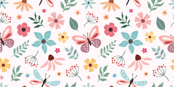 Spring-summer pattern with butterflies and flowers