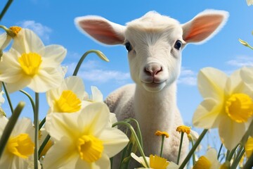 A curious lamb explores a daffodil amidst a serene blue background. Generative AI