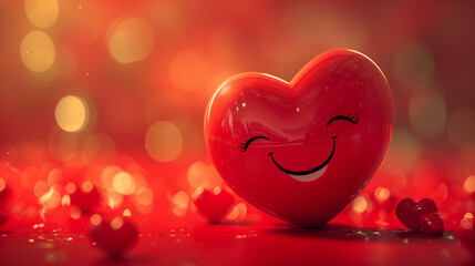 Cute smiling heart on red background. Valentine's Day.