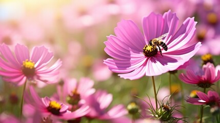 Closeup of a bumblebee pollinating a bright pink flower in a field of wildflowers.