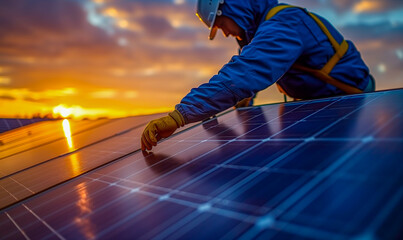 Worker on rooftop intalling solar panels