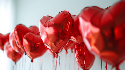 Red heart-shaped balloons on white background. Valentine's Day.