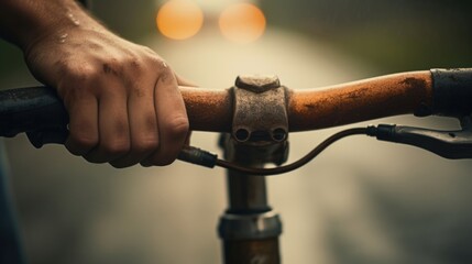 Detailed shot of a cyclists hand gripping the handlebars of a worn and weathered bike. - obrazy, fototapety, plakaty