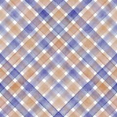 Watercolor stripe plaid seamless pattern. Color purple and orange stripes background.