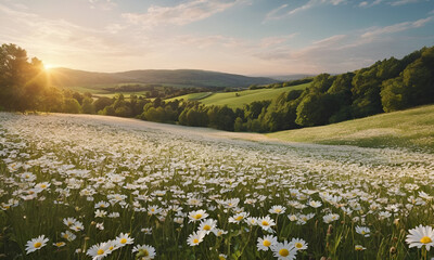 The landscape of white daisy blooms in a field - obrazy, fototapety, plakaty