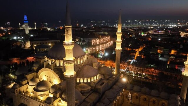 Ramadan Month Suleymaniye Mosque, Illuminated Letters Between Minarets (Mahya) Drone Video, Suleymaniye Fatih, Istanbul Turkiye (Turkey)
