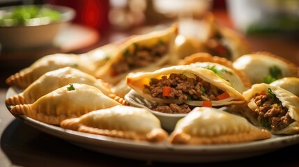 Closeup of a platter of bitesized empanadas, filled with a flavorful mix of meat and vegetables.