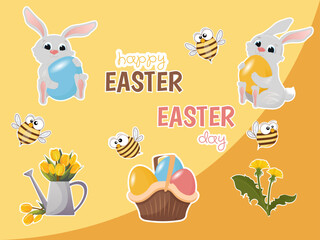 Easter bunnies with a set of colored eggs, flowers and bees. A cute Easter bunny with traditional festive decor and calligraphic inscriptions.