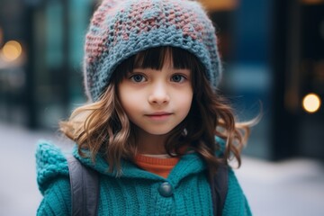 portrait of a beautiful little girl in a blue knitted hat on the street