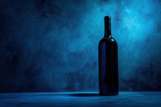 The dark silhouette of a wine bottle illuminated with a blue glow offers a boutique winery product's visual representation in a cellar selection