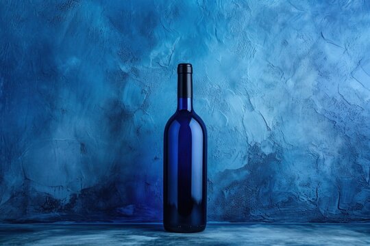dark blue wine bottle on blue surface on blue background, on the blue textured background in the light