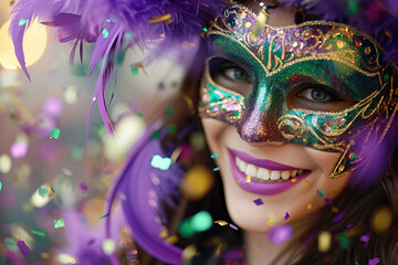 beautiful smiling girl wearing masquerade mask with feathers celebrating Mardi Gras carnival with blurred confetti all around