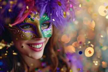 beautiful smiling girl wearing masquerade mask with feathers celebrating Mardi Gras carnival with blurred confetti all around