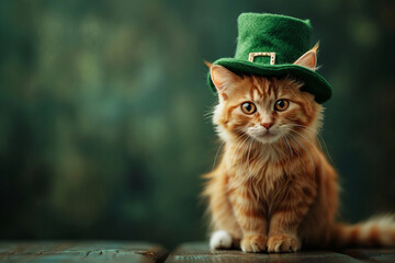 cute ginger cat wearing leprechaun green hat isolated on dark green background with copy space - obrazy, fototapety, plakaty