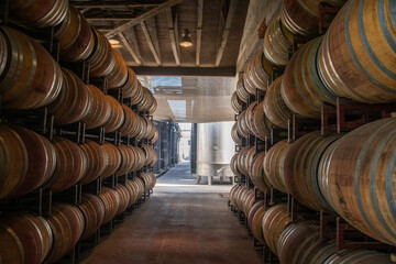 Fototapeta premium Oak barrels for maturation of Chilean wine in a wine cellar with cilo in the background