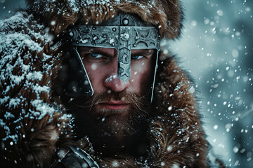 Beautiful male Viking warrior. winter setting, bllured backdrop