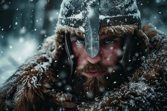 Beautiful male Viking warrior. winter setting, bllured backdrop