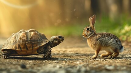 tortoise leading in a hare race in strategy and leadership concept