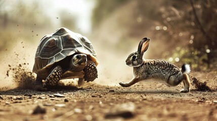 tortoise leading in a hare race in strategy and leadership concept - obrazy, fototapety, plakaty