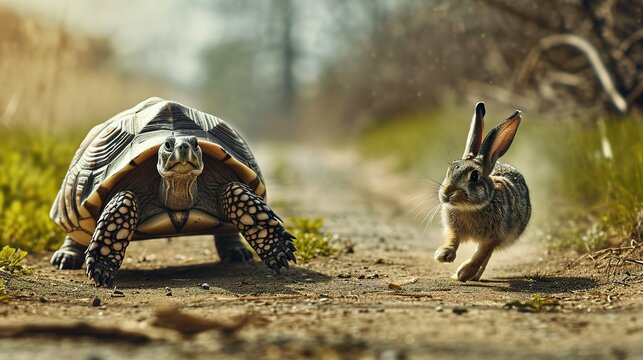 tortoise leading in a hare race in strategy and leadership concept